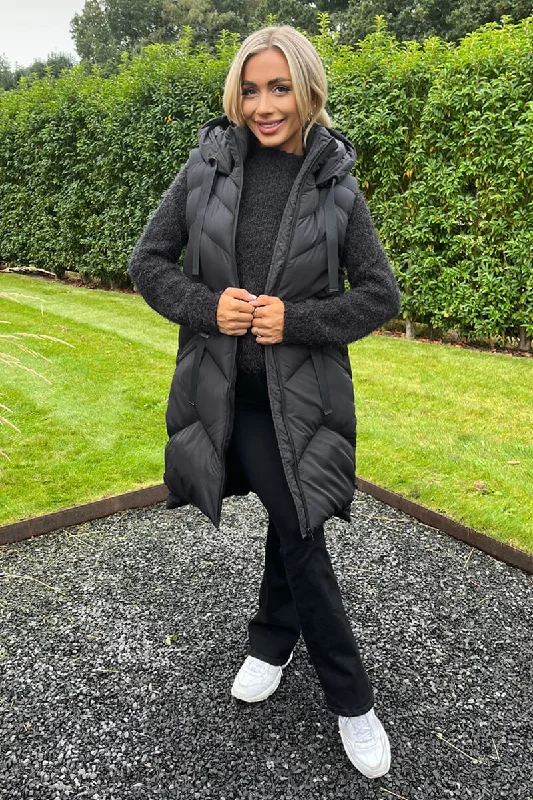 Black Hooded Zip Up Padded Gilet Hoodie with Raglan Sleeves Sporty Comfortable