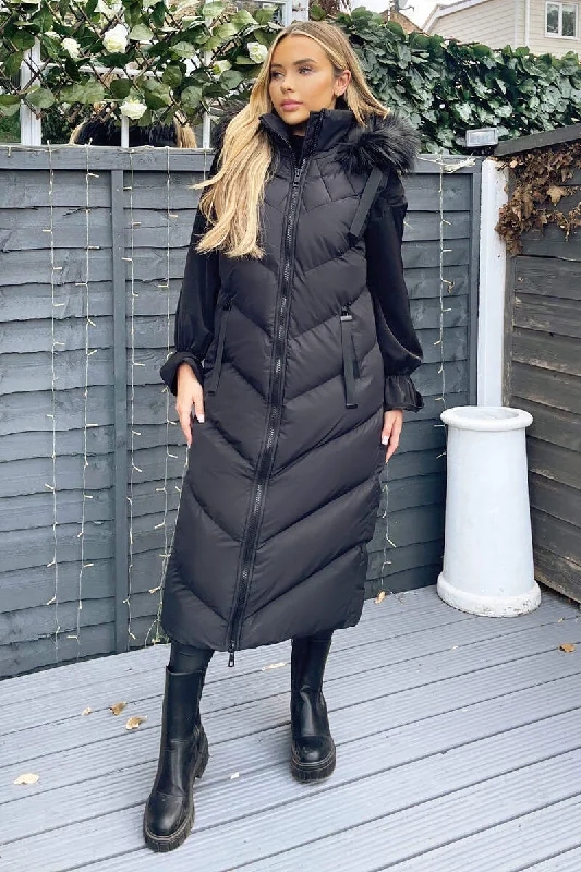 Black Longline Faux Fur Hooded Gilet Hoodie with Ribbed Hem Stretchable Secure