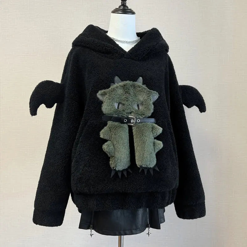 Cartoon 3D Dragon Embroidery Wings Plush Hoodie YV32006 Hoodie with Ribbed Hem Stretchable Secure Cartoon 3D Dragon Embroidery Wings Plush Hoodie YV32006 Hoodie with Ribbed Hem Stretchable Secure