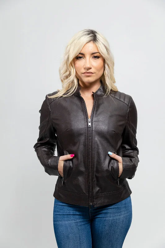First Manufacturing Beverly - Women's Vegan Leather Jacket, Brown Jersey Jacket Tulle Jacket Batik Jacket First Manufacturing Beverly - Women's Vegan Leather Jacket, Brown Jersey Jacket Tulle Jacket Batik Jacket