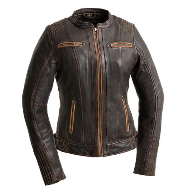 First Manufacturing Electra - Women's Leather Motorcycle Jacket, Distressed Brown Mesh Jacket Canvas Jacket Denim Jacket First Manufacturing Electra - Women's Leather Motorcycle Jacket, Distressed Brown Mesh Jacket Canvas Jacket Denim Jacket