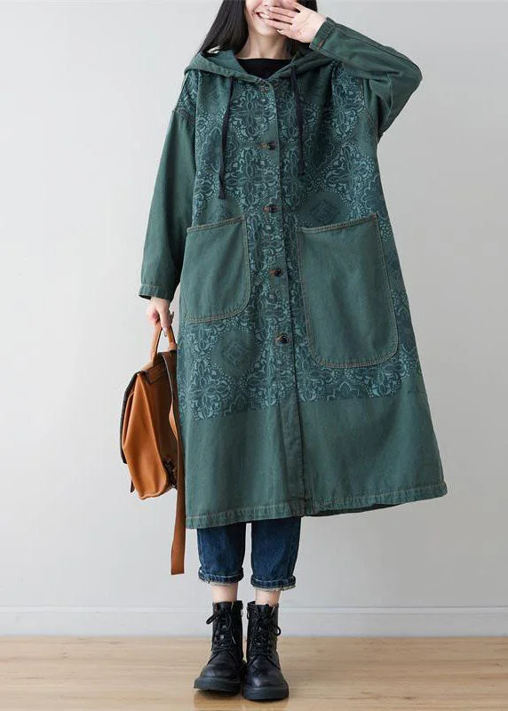 French Green Patchwork Print Denim Hoodies Outwear Spring Hoodie with Belted Waist Structured Tailored French Green Patchwork Print Denim Hoodies Outwear Spring Hoodie with Belted Waist Structured Tailored