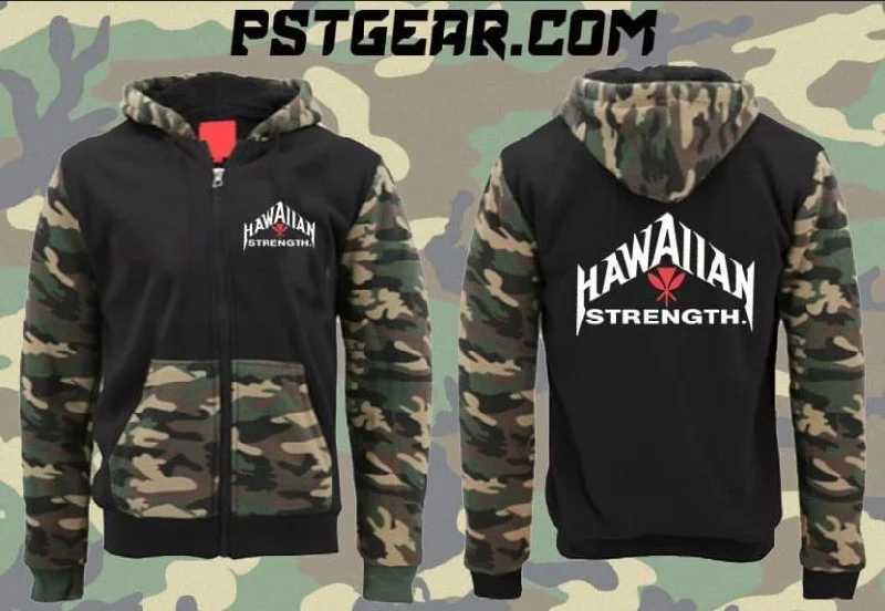 Hawaiian Strength Camo Hoody Hoodie with Exposed Zipper Edgy Industrial