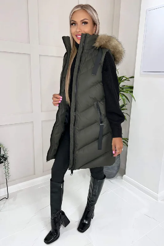 Khaki Faux Fur Hooded Gilet Hoodie with Cuffed Sleeves Snug Secure