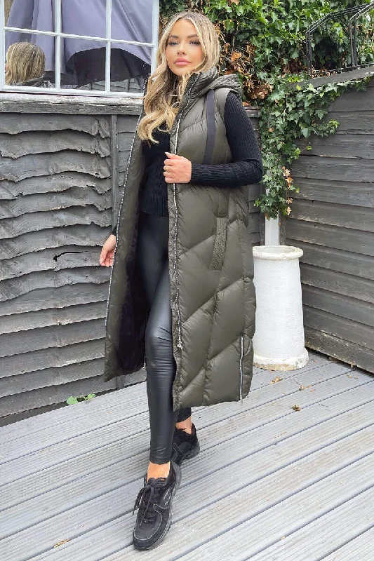 Khaki Hooded Puffer Gilet Hoodie with Illustration Artistic Creative