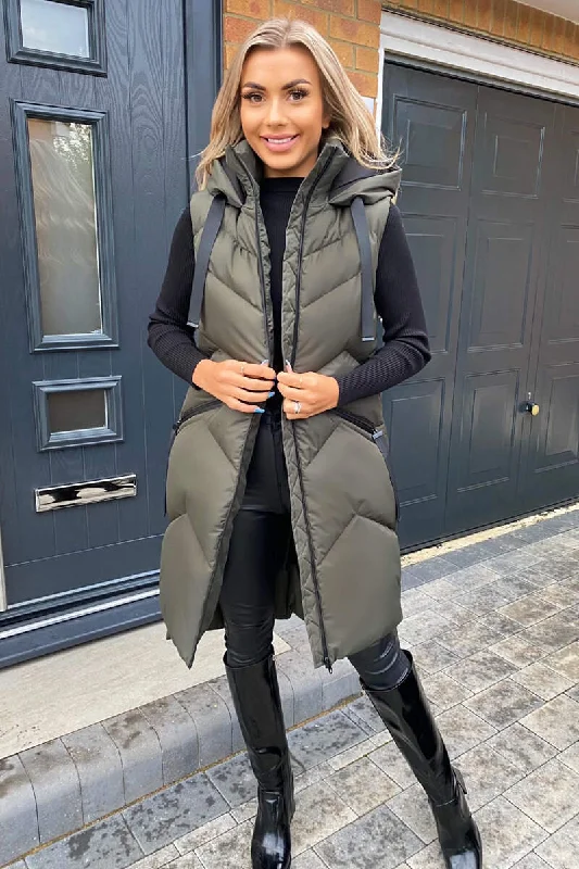 Khaki Hooded Zip Up Gilet Hoodie with Cropped Fit Short Trendy