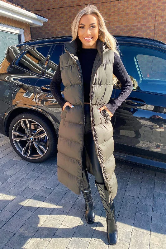Khaki Zip Up Hooded Gilet Hoodie with Metallic Shiny Futuristic