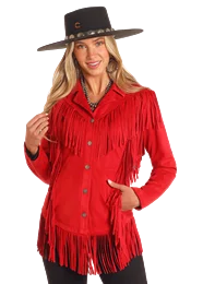 ROCK & ROLL RED WESTERN MICRO SUEDE FRINGE JACKET Collared Jacket Crew Neck Jacket Turtle Neck Jacket ROCK & ROLL RED WESTERN MICRO SUEDE FRINGE JACKET Collared Jacket Crew Neck Jacket Turtle Neck Jacket