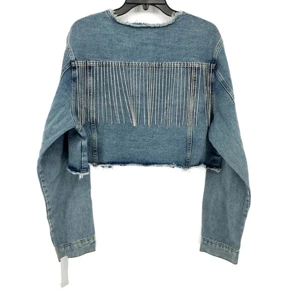 VOCAL RAW EDGE CUT NECK DENIM CROP JACKET WITH STONE FRINGES Rayon Jacket Velvet Jacket Corduroy Jacket VOCAL RAW EDGE CUT NECK DENIM CROP JACKET WITH STONE FRINGES Rayon Jacket Velvet Jacket Corduroy Jacket