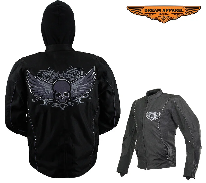 Women's Studed Motorcycle Textile Jacket With Grey Hoodie & Sull & Wings Print Jacket Jacquard Jacket Patchwork Jacket Women's Studed Motorcycle Textile Jacket With Grey Hoodie & Sull & Wings Print Jacket Jacquard Jacket Patchwork Jacket