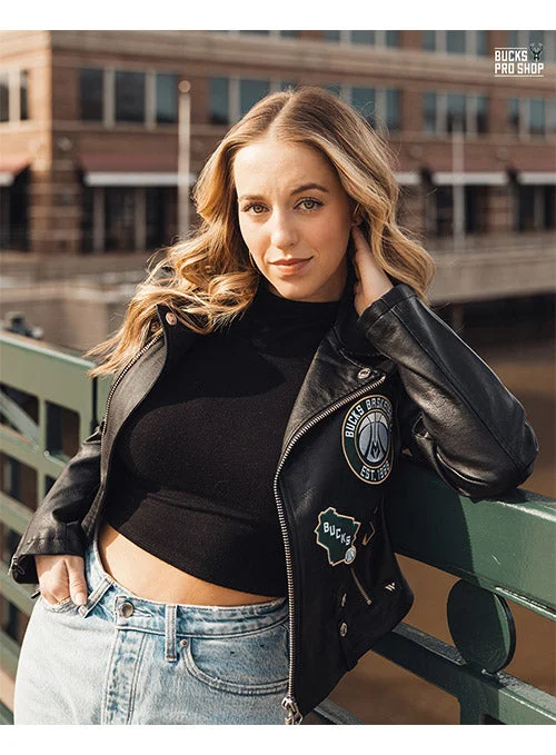 Women's The Wild Collective Multi Logo Milwaukee Bucks Leather Jacket Belted Jacket Elasticated Jacket Padded Jacket Women's The Wild Collective Multi Logo Milwaukee Bucks Leather Jacket Belted Jacket Elasticated Jacket Padded Jacket