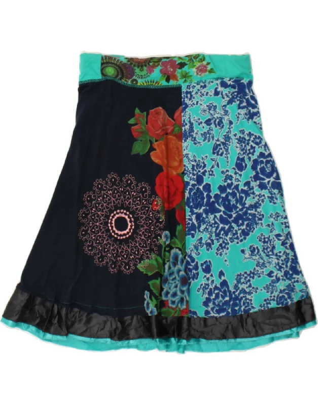 DESIGUAL Womens A-Line Skirt UK 14 Medium W30  Navy Blue Floral Cotton leather skirt durable