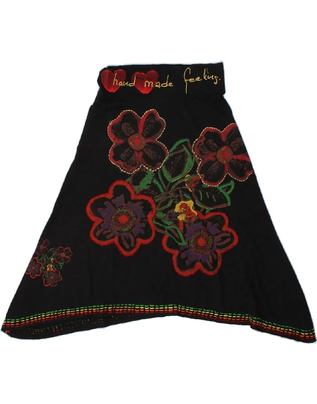 DESIGUAL Womens Graphic Asymmetrical Skirt Small W26 Black Floral Cotton leather skirt refined