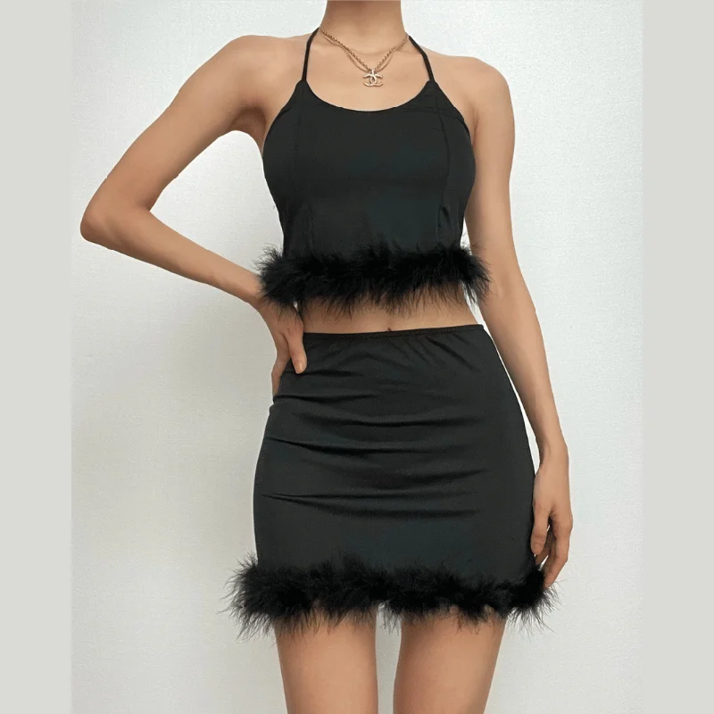 Feather solid backless tube mini skirt set chiffon skirt lightweight