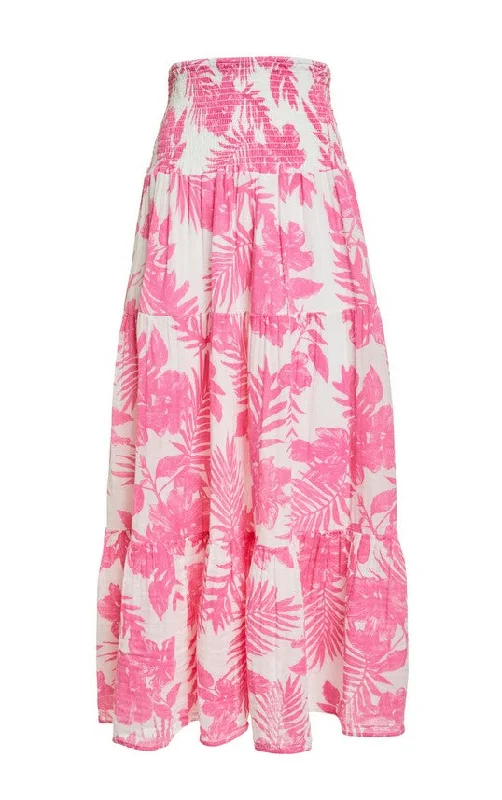 Felicite Smocked Maxi Skirt - Pink Palm silk skirt sleek