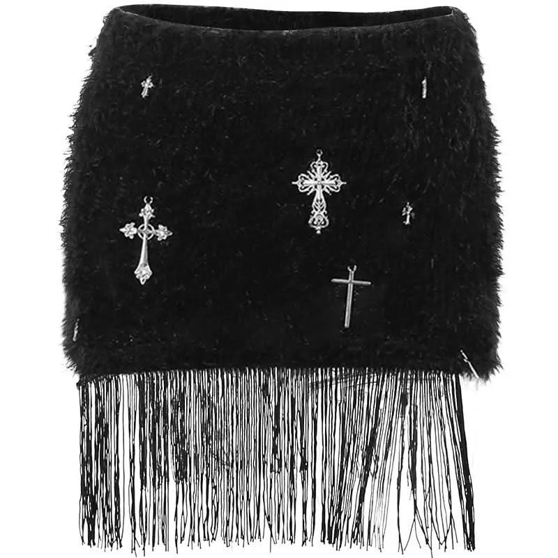 Fluffy cross pendant tassels mini skirt chiffon skirt floaty