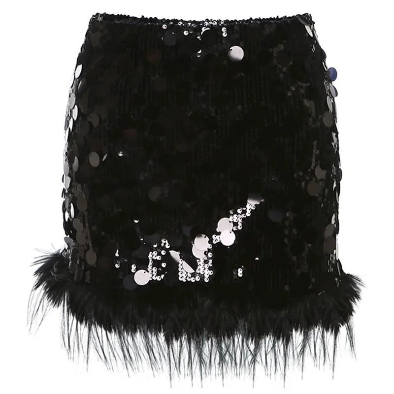 Glitter fluffy A line mini skirt lace skirt romantic