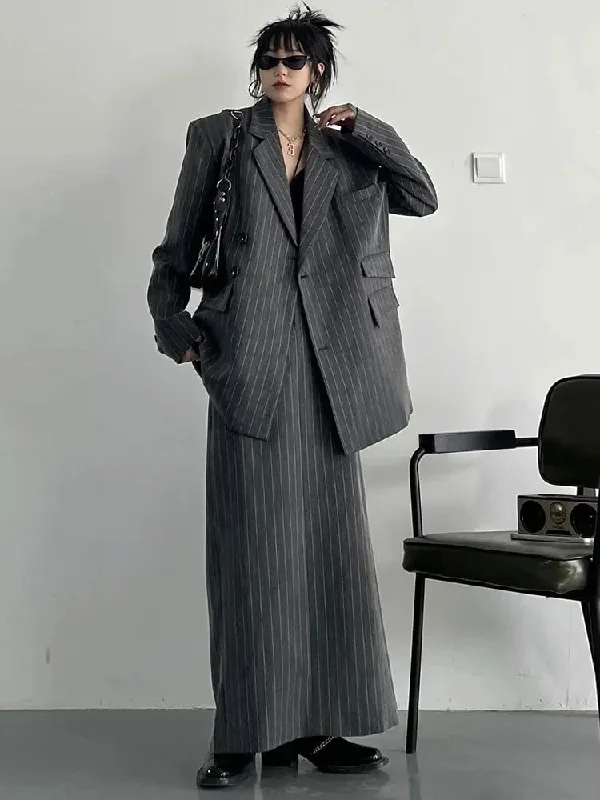 Gray Maxi Skirt Striped Oversized Women's Blazer Two Pieces Suit corduroy skirt durable