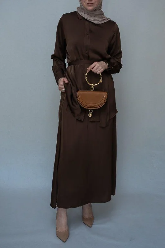 Hattei Blouse Skirt Modest set maxi skirt with elasticated waistband maxi sleeve buttoned shirt with a detachable belt in coffee brown chiffon skirt delicate