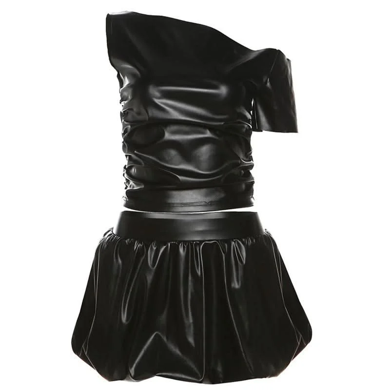 Irregular one shoulder PU leather ruched mini skirt set cashmere skirt plush