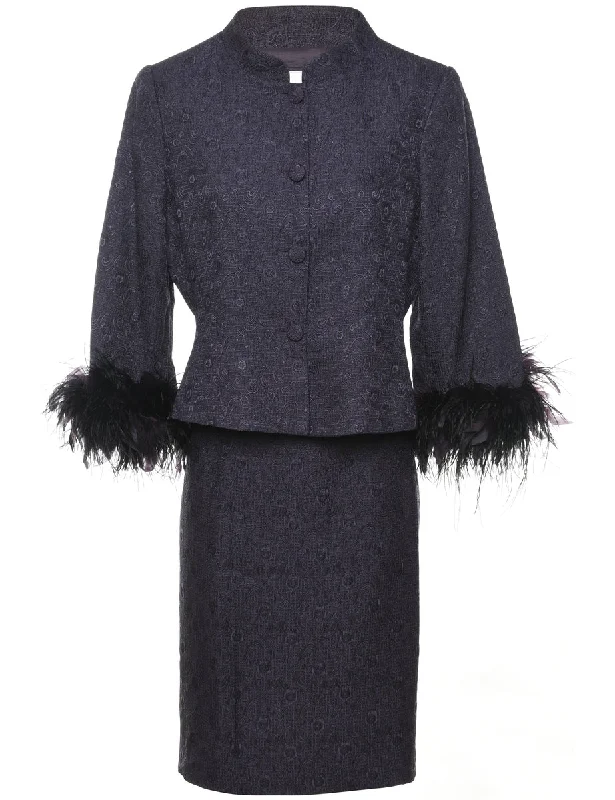 Jacquard Purple Feather Trim Jacket & Skirt Set - L button skirt front