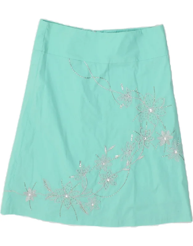 JANE NORMAN Womens A-Line Skirt UK 10 Small W27  Turquoise Floral Cotton denim skirt classic