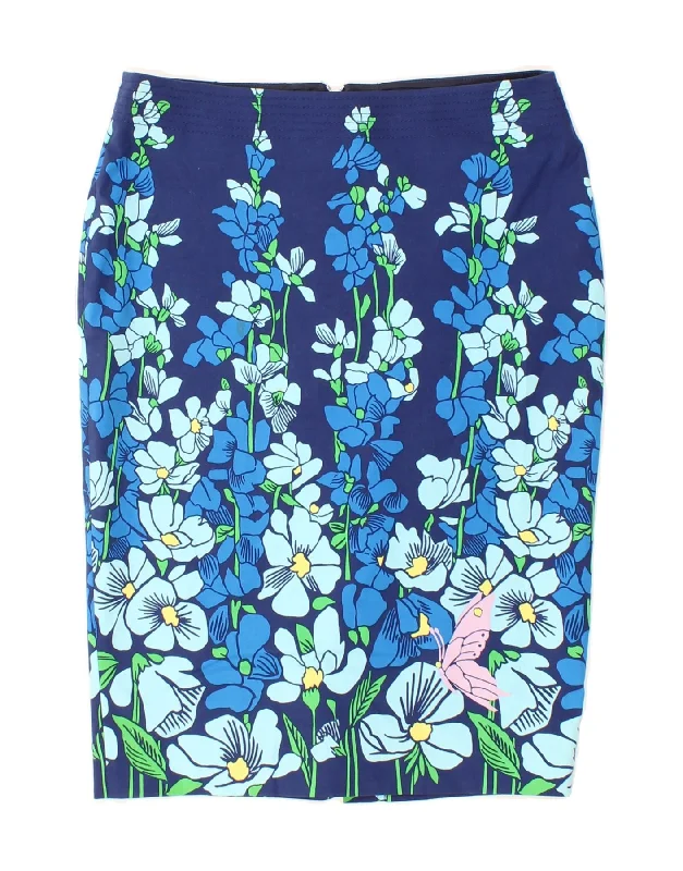 KAREN MILLEN Womens Pencil Skirt UK 10 Small W27 Blue Floral Butterfly denim skirt classic