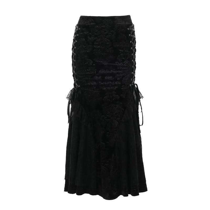 Lace hem lace up zip-up maxi skirt cotton skirt soft