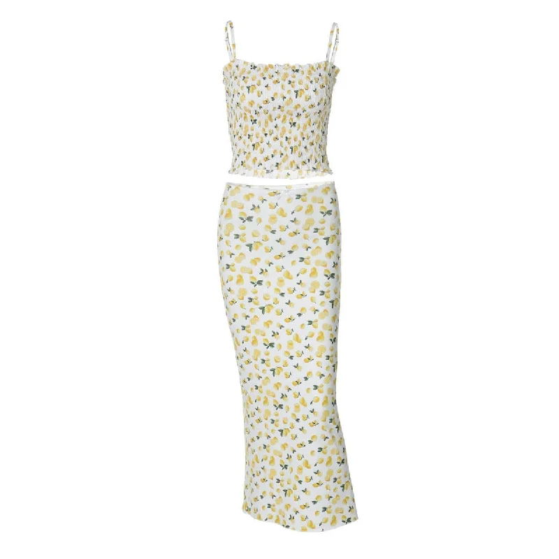 Lemon print smocked cami midi skirt set chiffon skirt flowing