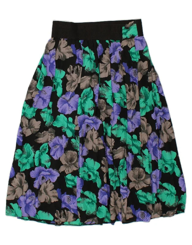 LIBRA Womens Pleated A-Line Skirt UK 16 Large W32  Black Floral Viscose chiffon skirt airy