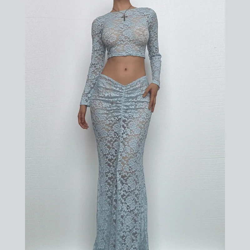 Long sleeve lace see through crop maxi skirt set mini skirt trendy