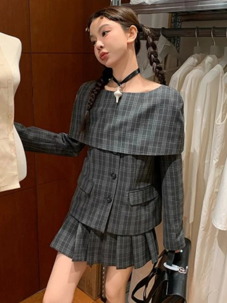 Lunivop Plaid Two-piece Suit Women Harajuku Slash Neck Vintage Single Breasted Overcoat Girls Sweet Pleated Grunge Skirts modal blend skirt