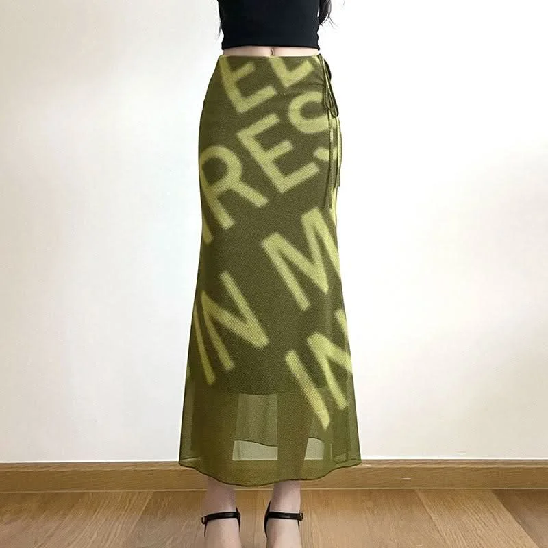 Mesh letter print hollow out self tie cut out maxi skirt ruffled skirt detail