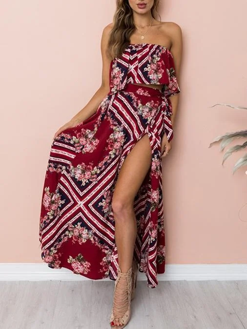 Printed Off Shoulder Tops High Waist Side Split Maxi Skirt Two Pieces Set cotton skirt soft