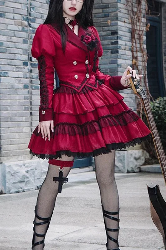 Red Gothic Punk Long Sleeves Removable Corsage Lolita Skirt Set lace skirt romantic