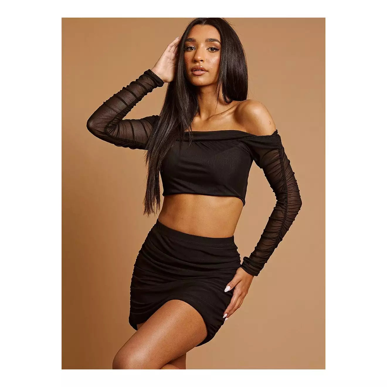 Ruched Mesh Bardot Black Crop Top & Skirt Co-ord 0601 silk skirt smooth