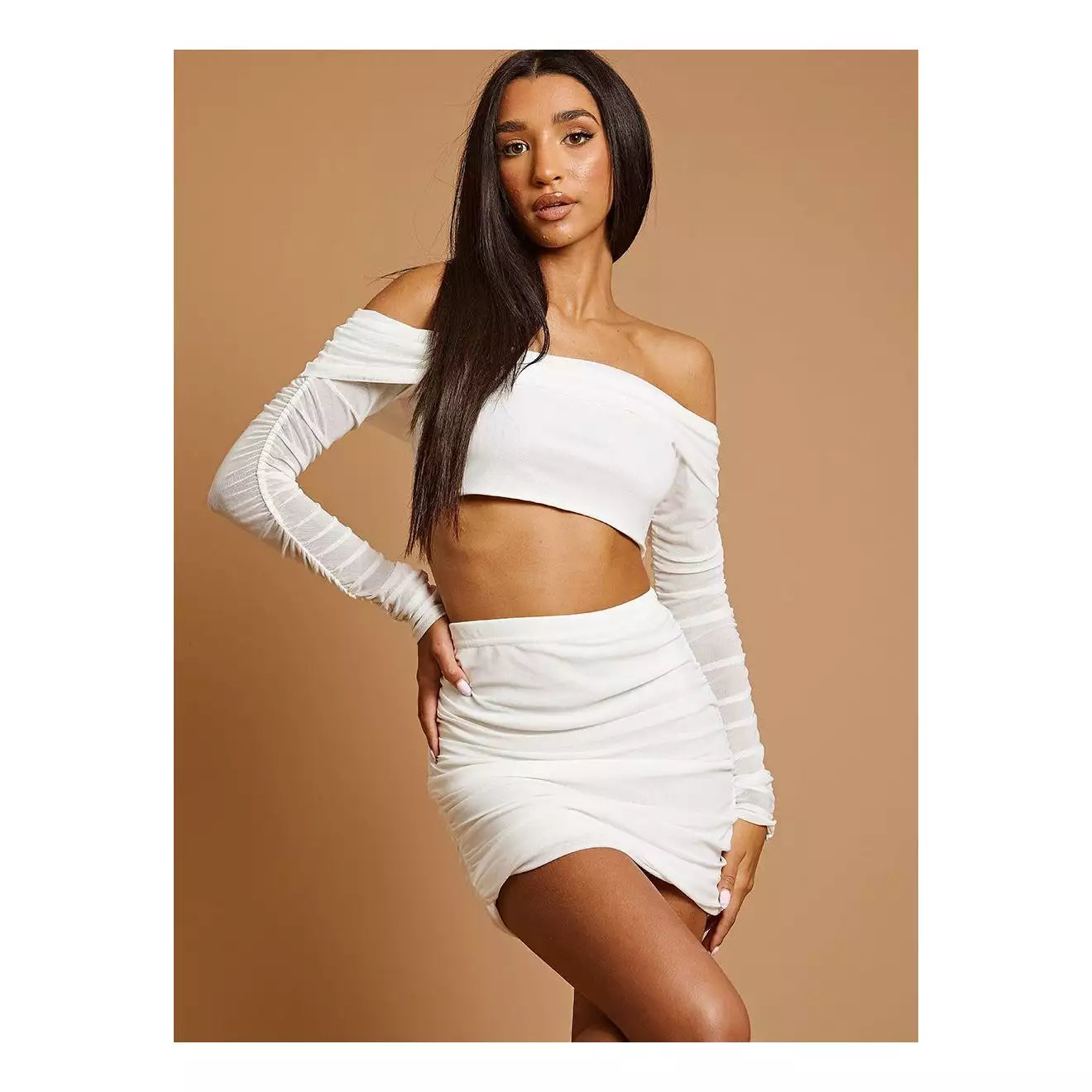 Ruched Mesh Bardot Cream Crop Top & Skirt Co-ord 0601 wool skirt sturdy