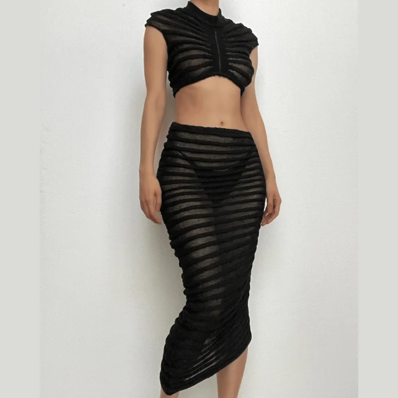 Ruched textured see through short sleeve maxi skirt set mini skirt trendy