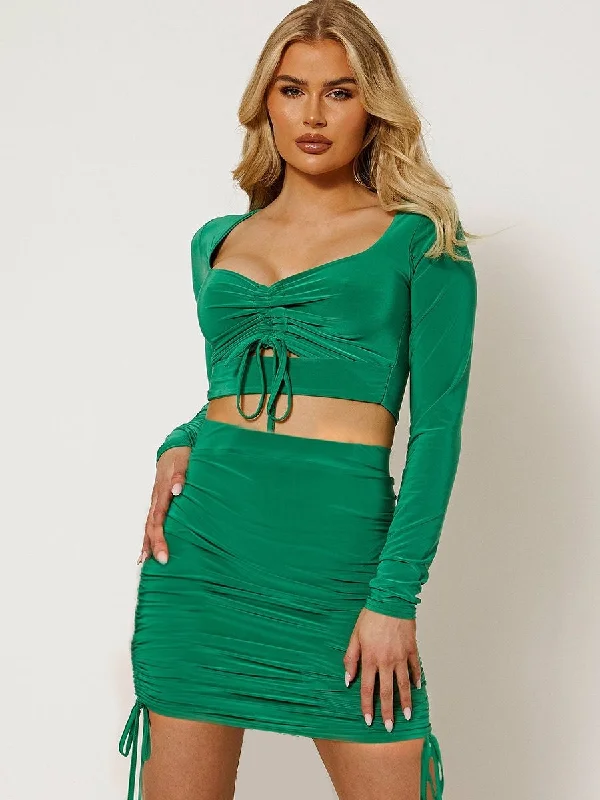 Slinky Cut Out Ruched Green Crop Top & Skirt Co-ord 0602 high waist skirt