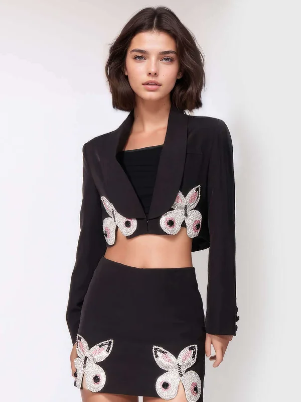 Two Peice Set Butterfly Short Jacket & Mini Skirt elastic waist skirt