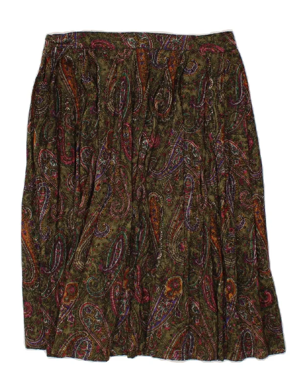 VINTAGE Womens Flared Skirt W30 Medium Green Paisley silk skirt smooth