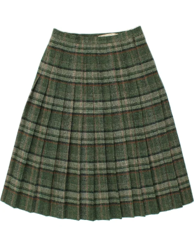 VINTAGE Womens Knife Pleated Skirt UK 16 Large W32 Green Check Wool wool skirt sturdy