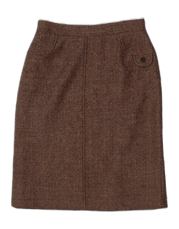 VINTAGE Womens Midi Skirt W26 Small Brown Herringbone linen skirt airy