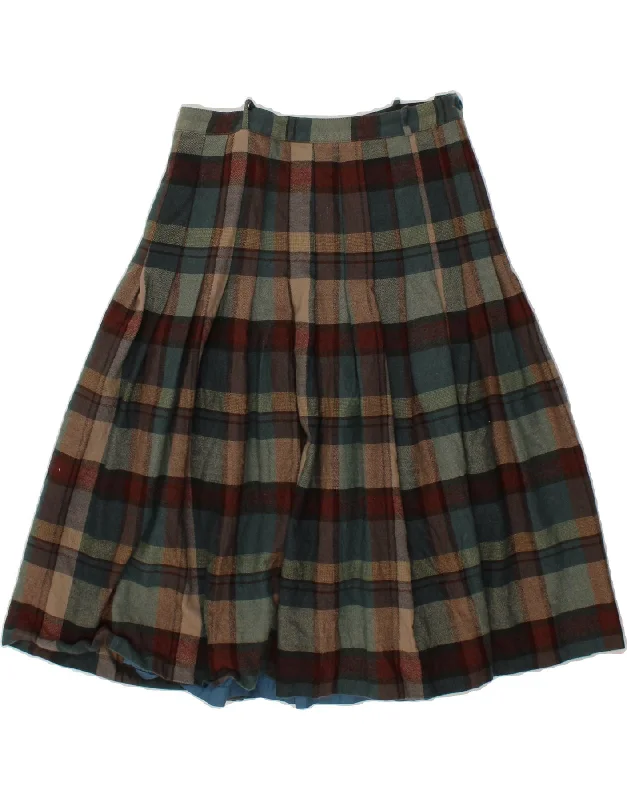 VINTAGE Womens Pleated Skirt IT 48 XL W30 Multicoloured Check Virgin Wool silk skirt lustrous