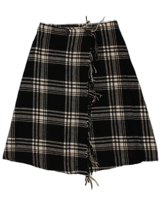 VINTAGE Womens Wrap Skirt Medium W30  Black Plaid Polyester elastic waist skirt