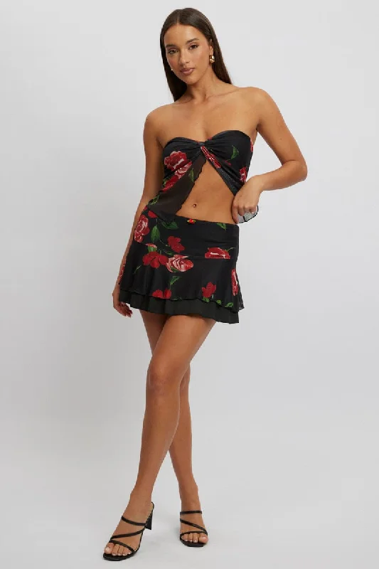 Black Floral Mini Skirt Elasticated Waist Skater Layered Mesh linen skirt natural