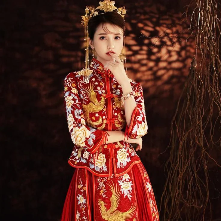 Floral & Phoenix Embroidery Pleated Skirt Traditional Chinese Wedding Suit summer skirt style