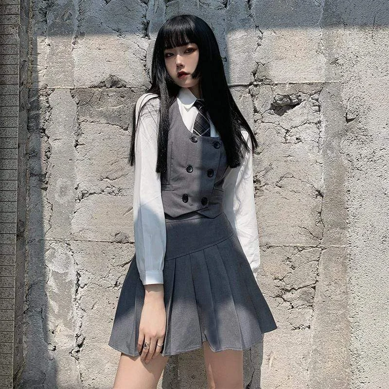 Women's Harajuku JK Double-breasted Vest High-waisted Pleated Skirts leather skirt refined Women's Harajuku JK Double-breasted Vest High-waisted Pleated Skirts leather skirt refined